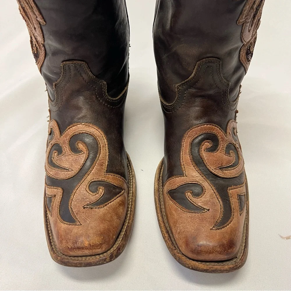 Corral Women’s Leather Two Tone Inlay Brown Square Toe Cowboy Boots Size 9.5 - Picture 3 of 9